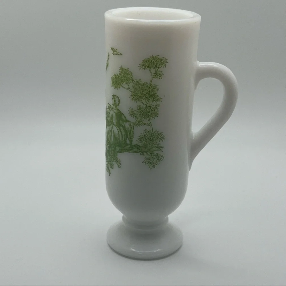 milk glass mug on pedestal green toile design demitasse by Avon cup with handle